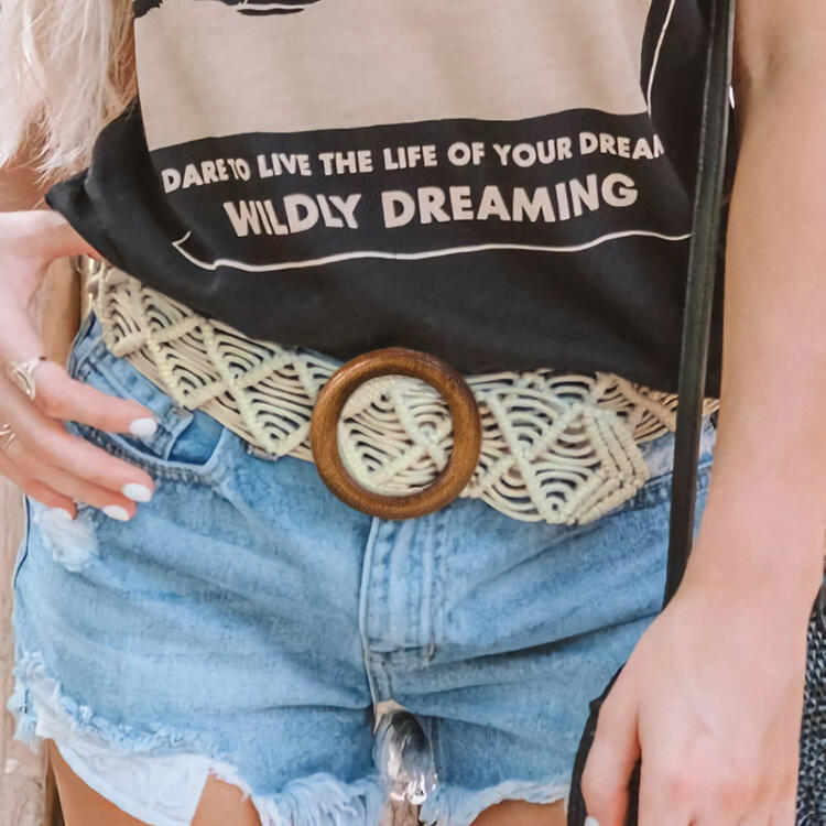 

Belts Bohemian Hollow Out Crochet Woven Buckle Belt in Light Khaki. Size