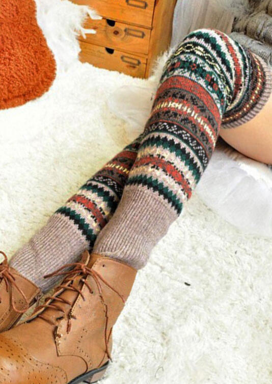 

Winter Geometric Striped Thigh-High Leg Warmer Socks, Black;khaki, 480994