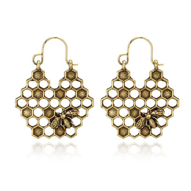 

Hollow Out Rhinestone Bee Honeycomb Alloy Earrings, Gold;silver, 481206