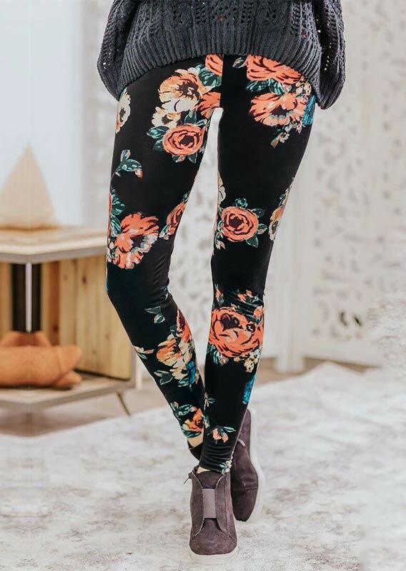 

Floral Elastic Waist Skinny Leggings - Black, 481264