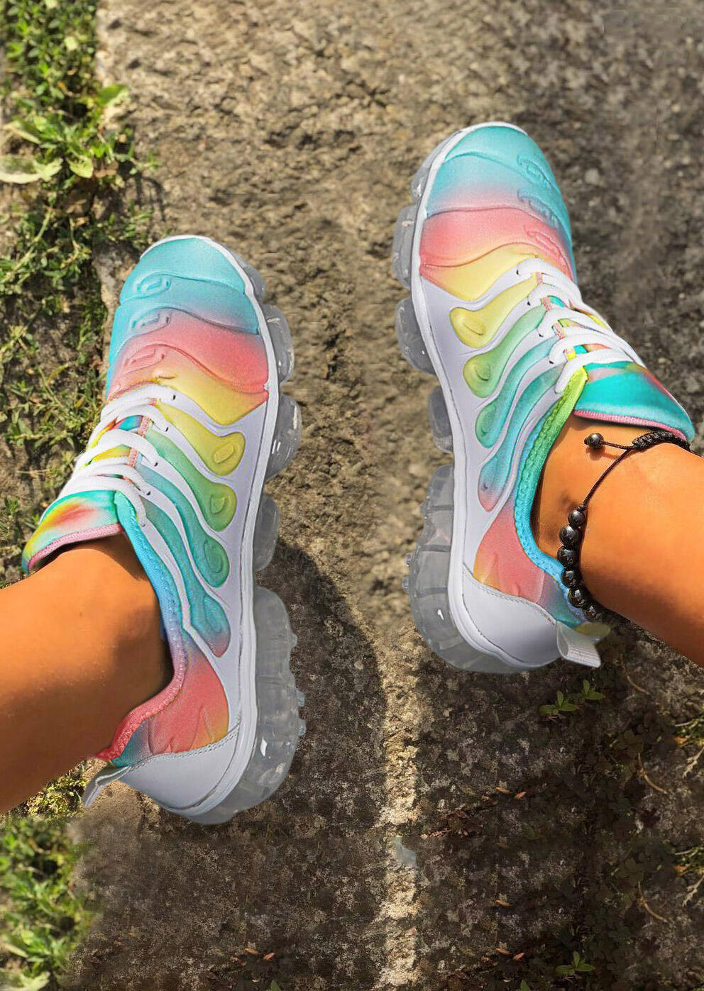 

Tie Dye Rainbow Lace Up Transparent Platform Sneakers, Multicolor, 481328