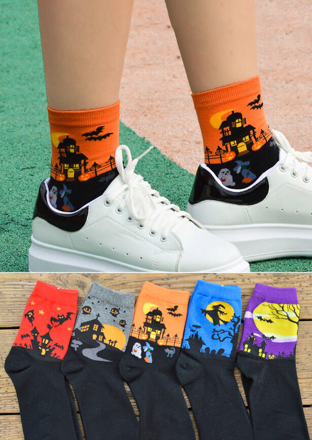 

5 Pairs Halloween Bat Ghost Witch Cartoon Warm Socks, Multicolor, 481375