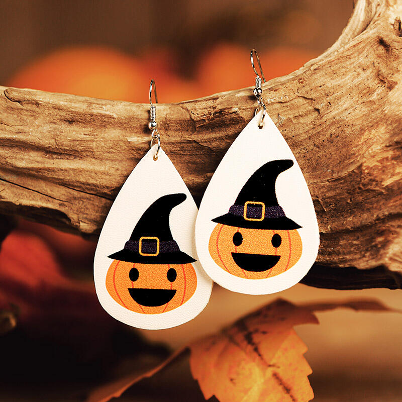 

Halloween Pumpkin Witch Hat Leather Earrings, Black;white, 481468