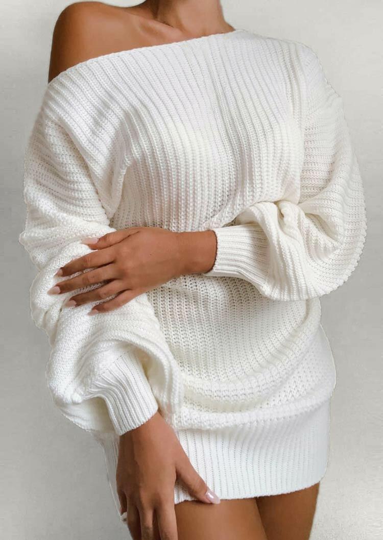

Mini Dresses Knitted Off Shoulder Elastic Cuff Sweater Mini Dress in White. Size