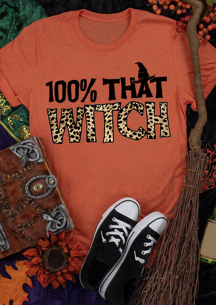 

Halloween 100% That Witch Hat Leopard Letter T-Shirt Tee - Orange, 481723