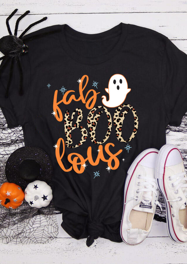 

Halloween Fab Boo Lous Ghost Leopard T-Shirt Tee - Black, 481726