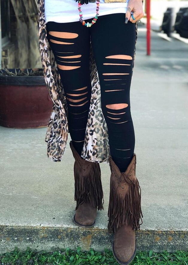 

Hollow Out Elastic Waist Skinny Legging - Black, 481728
