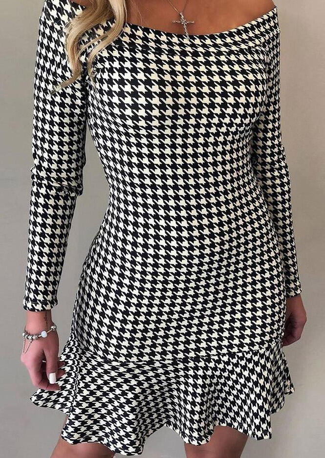 

Houndstooth Plaid Ruffled Off Shoulder Mini Dress - Black, 481729