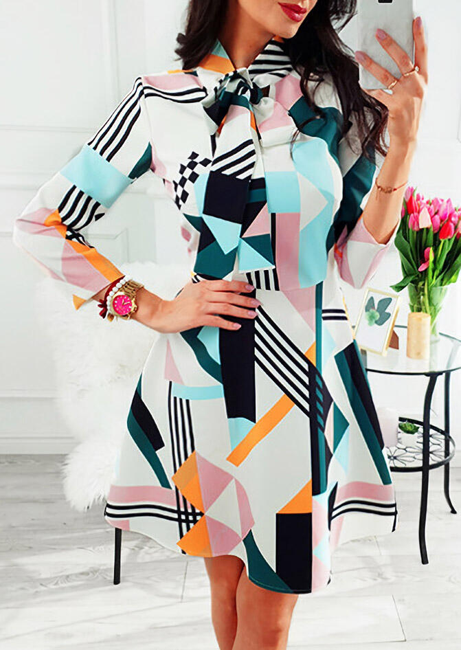

Geometric Striped Plaid Tie Long Sleeve Mini Dress, Multicolor, 481735