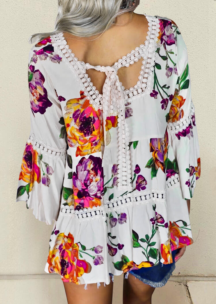 

Blouses Lace Floral Splicing Hollow Out Flare Sleeve Blouse in White. Size