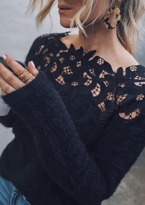 Sweaters Hollow Out Lace Splicing Sweater in Black. Size: L