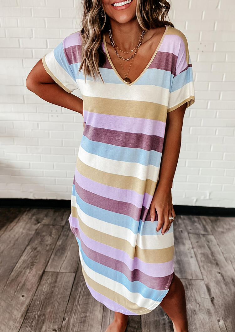 

Casual Dresses Colorful Striped Asymmetric Casual Dress in Stripe. Size