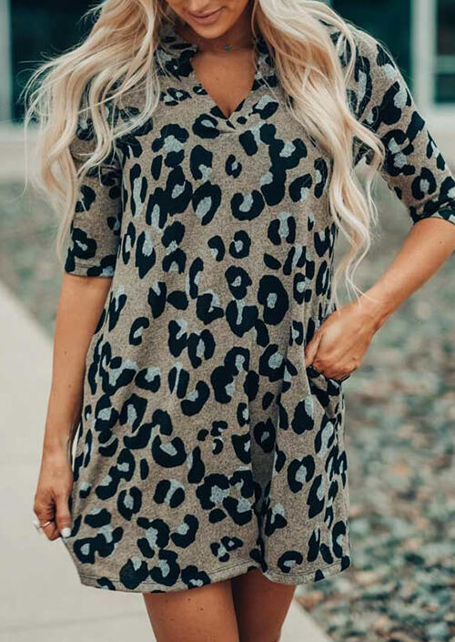 

Leopard V-Neck Pocket Loose Mini Dress, 480300