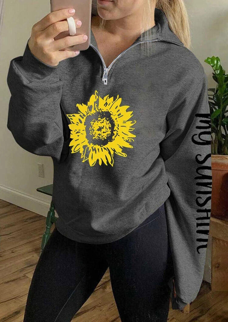 Sweatshirts My Sunshine Sunflower Zipper Collar Sweatshirt in Gray. Size: S