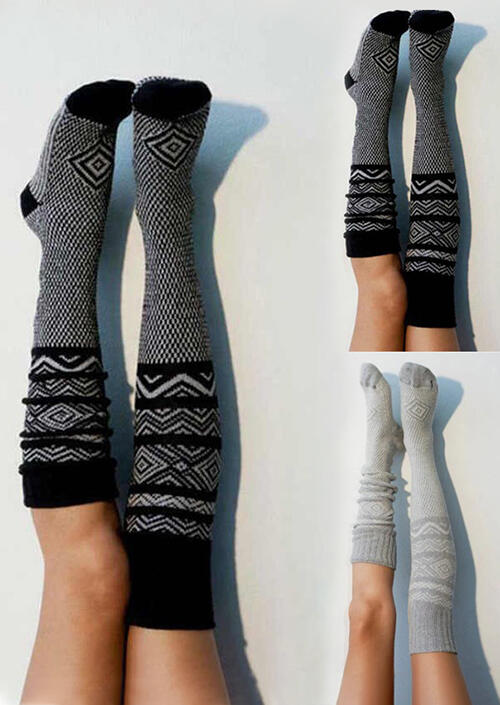 

Knee-High Socks Geometric Knee-High Knitted Warm Socks in Gray. Size