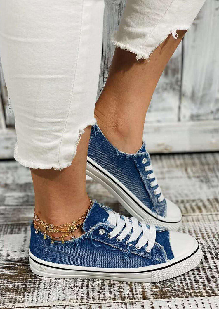 

Denim Style Lace Up Flat Canvas Sneakers, Deep blue, 481237