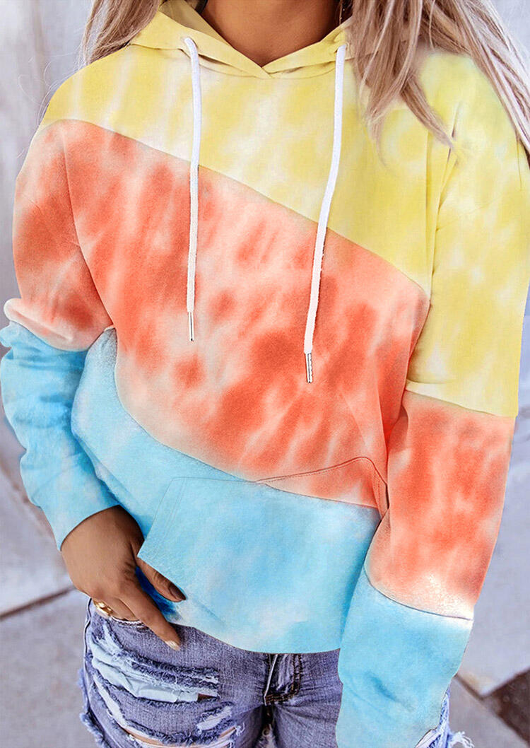 

Hoodies Tie Dye Color Block Kangaroo Pocket Hoodie in Multicolor. Size