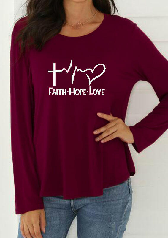 

Cross Faith Hope Love Long Sleeve T-Shirt Tee - Burgundy, 481518