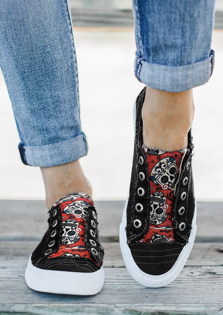

Sneakers Halloween Skull Floral Slip On Canvas Sneakers in Black. Size