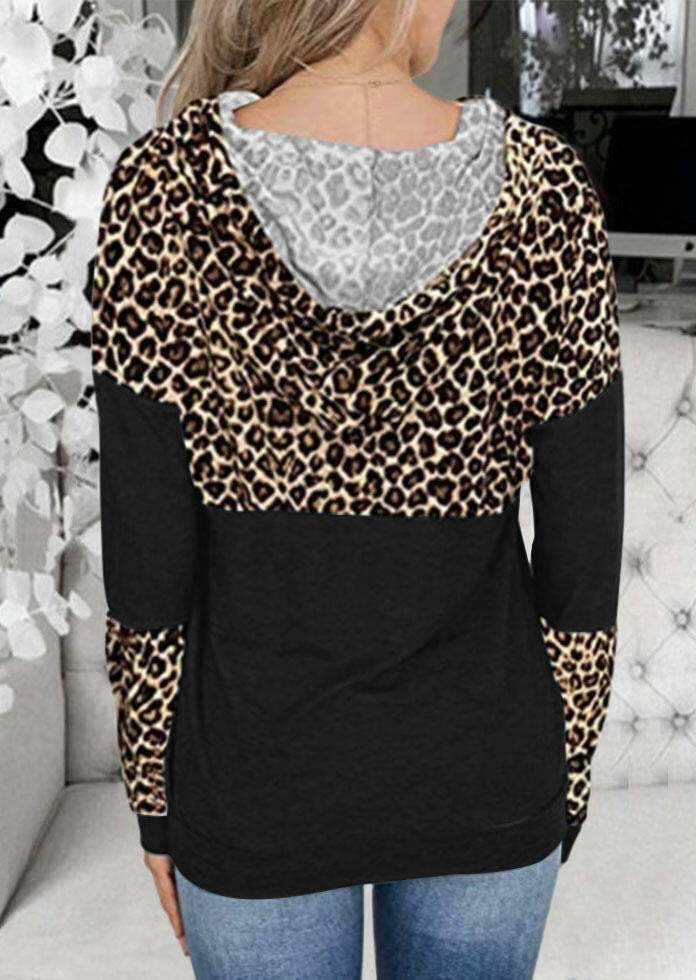 

Hoodies Leopard Color Block Splicing Drawstring Hoodie in Black. Size