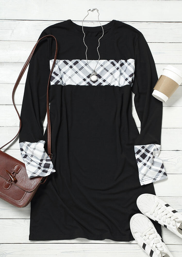 

Mini Dresses Plaid Splicing O-Neck Mini Dress in Black. Size