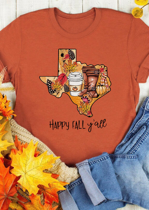 

Thanksgiving Texas Happy Fall Y'all Drink T-Shirt Tee - Orange, 481995