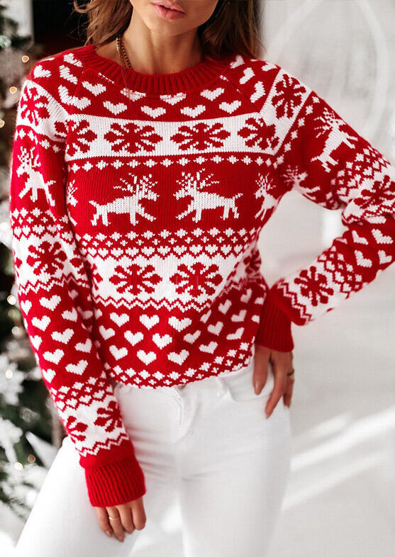 

Christmas Reindeer Snowflake Heart Knitted Sweater - Red, 482002