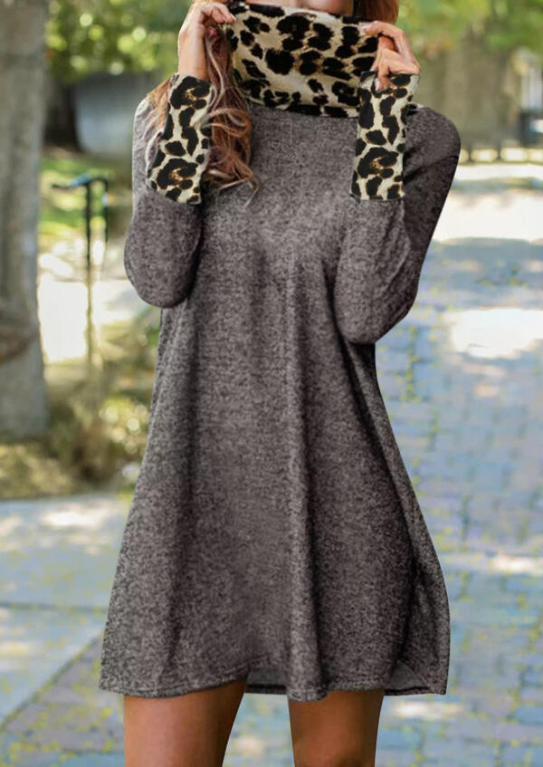 

Mini Dresses Leopard Splicing Turtleneck Mini Dress in Gray. Size: S