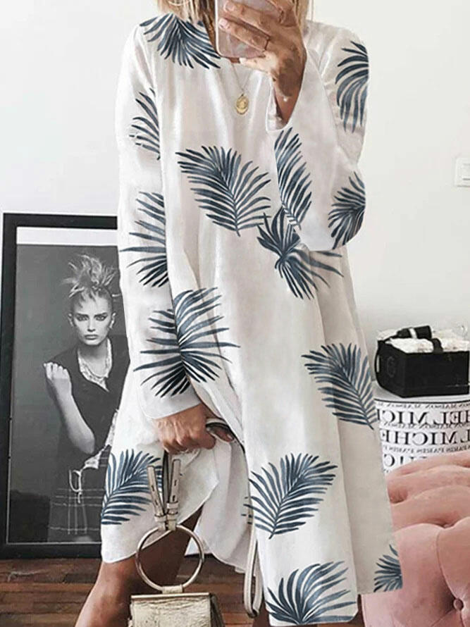 

Casual Dresses Leaf O-Neck Long Sleeve Loose Casual Dress in White. Size