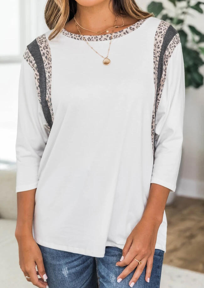 

Presale - Leopard Splicing O-Neck T-Shirt Tee - White, 482273