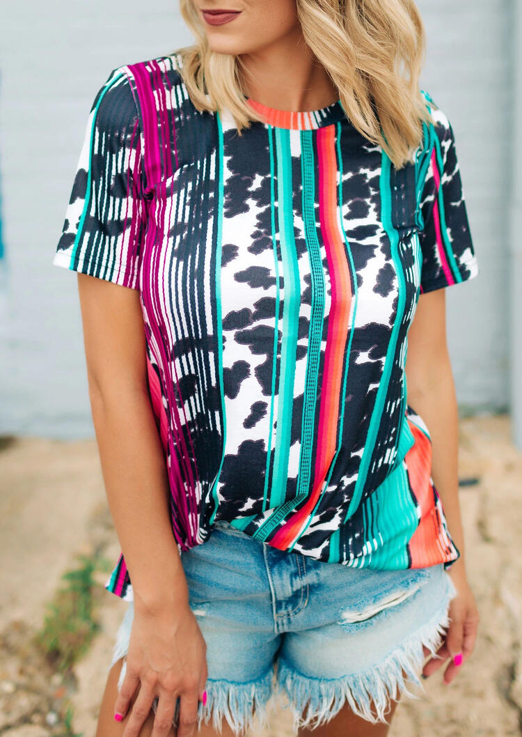 

Colorful Striped Leopard O-Neck T-Shirt Tee, Multicolor, 482287