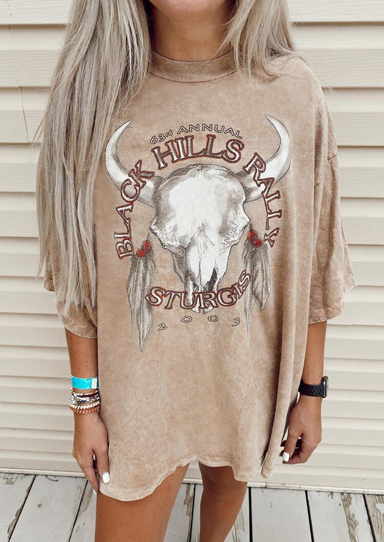 

Steer Skull Feather T-Shirt Tee - Khaki, 477200