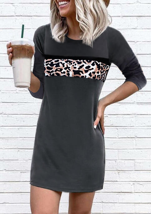 Leopard Splicing O-Neck Mini Dress - Dark Grey, 480199