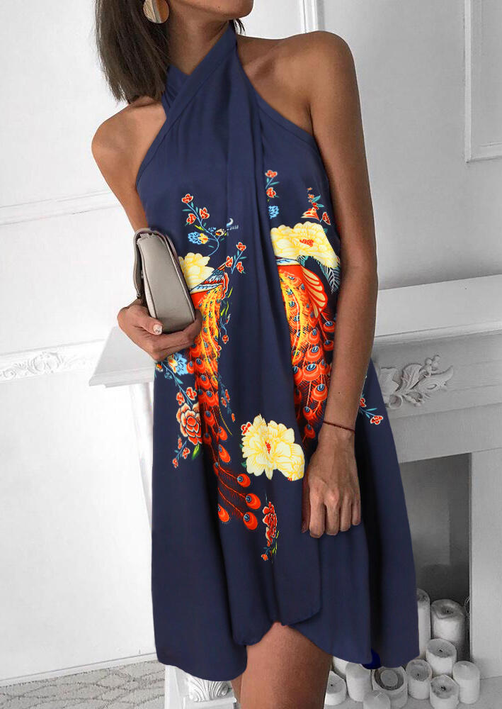 

Mini Dresses Peacock Floral Halter Open Back Mini Dress in Navy Blue. Size