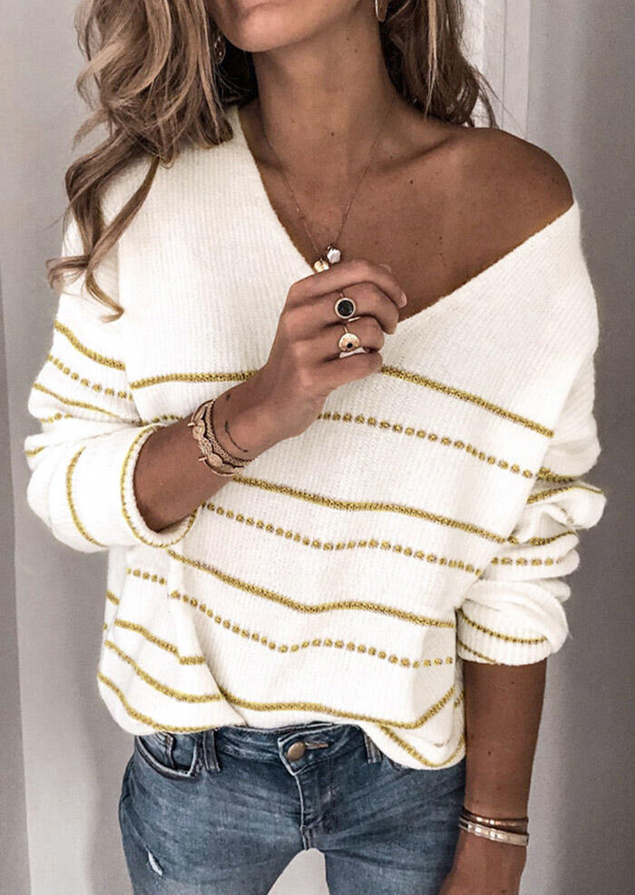 

Sweaters Striped V-Neck Knitted Loose Sweater in White. Size