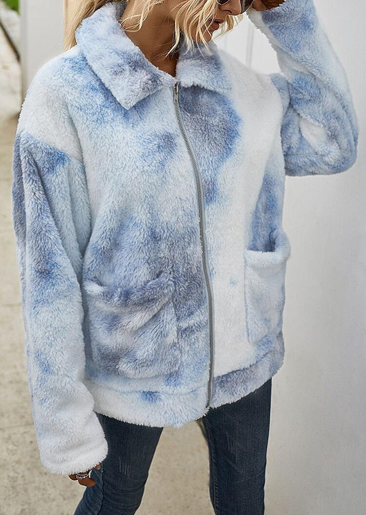 Tie Dye Pocket Zipper Drop Shoulder Fleece Coat