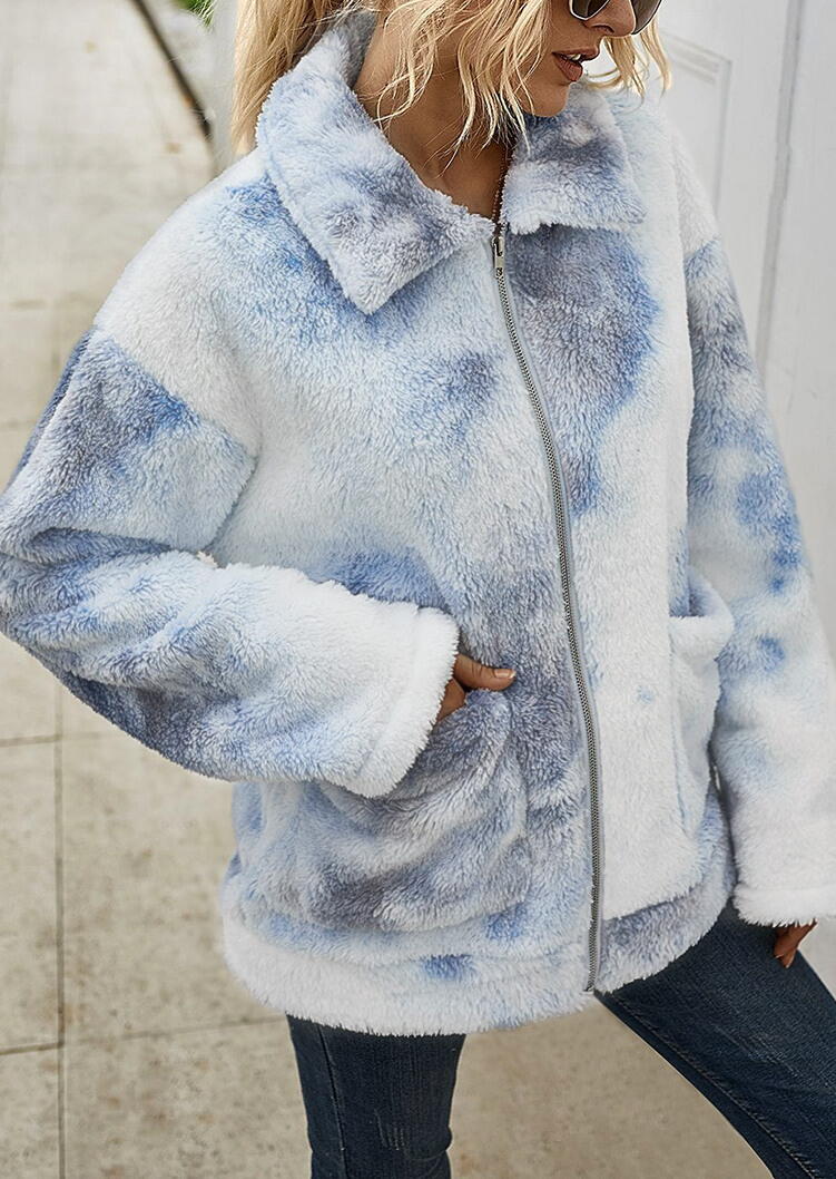 

Coats Tie Dye Pocket Zipper Drop Shoulder Fleece Coat in Multicolor. Size