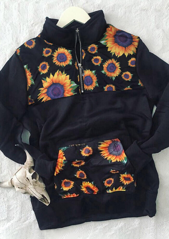 

Sweatshirts Sunflower Zipper Collar Kangaroo Pocket Sweatshirt in Black. Size