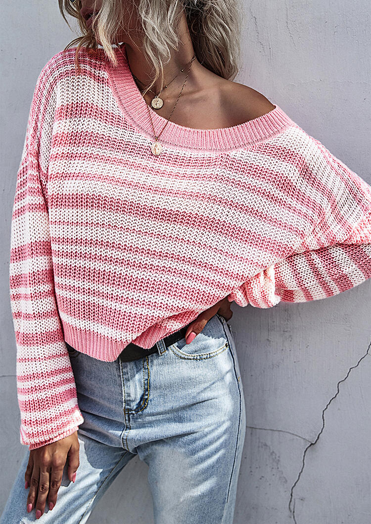 

Striped Knitted O-Neck Sweater - Pink, 482191
