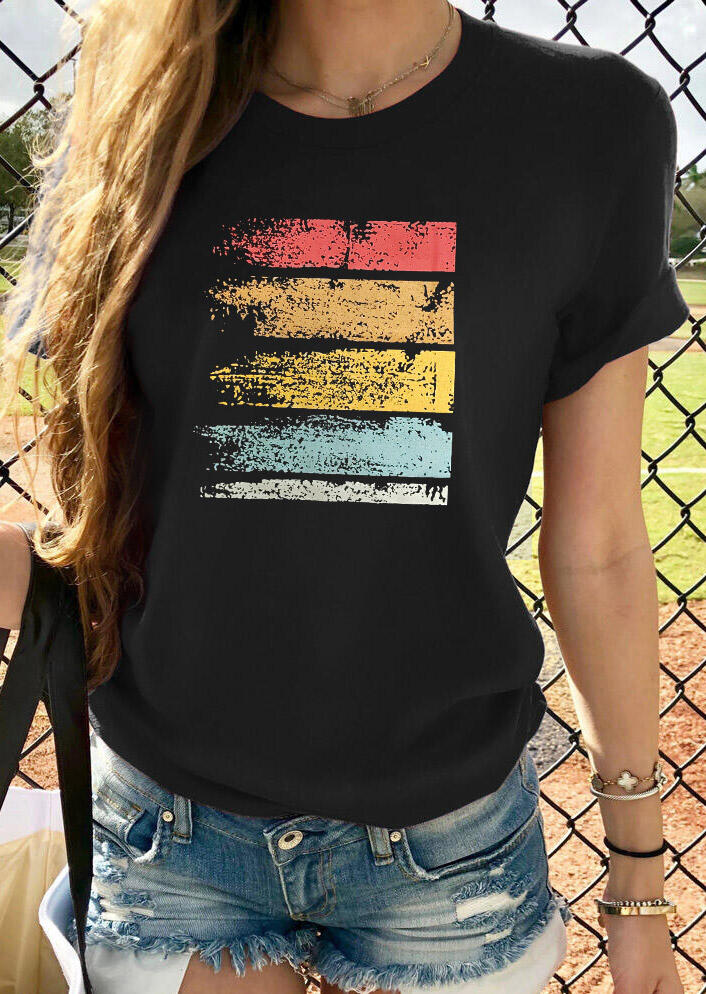 

Color Block Scrawl O-Neck T-Shirt Tee - Black, 482217