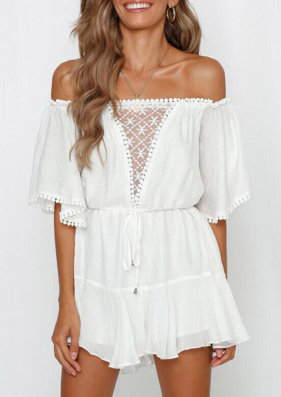 

Lace Splicing Drawstring Tie Romper - White, 482421