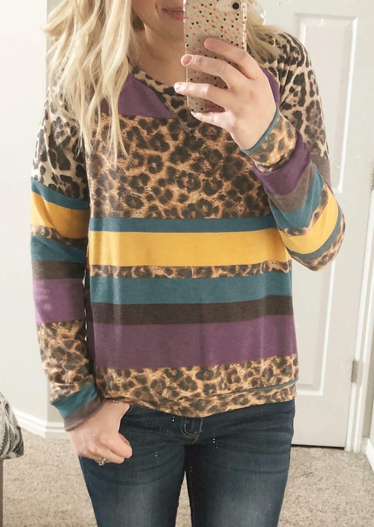 

Sweatshirts Colorful Striped Splicing Leopard Sweatshirt in Multicolor. Size: S,,L