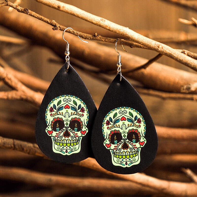 

Earrings Halloween Skull Glow Leather Water Drop Earrings in Green. Size