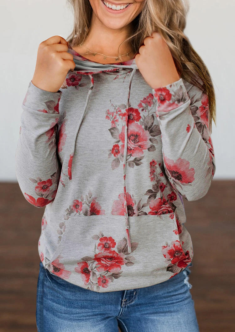

Floral Kangaroo Pocket Pullover Hoodie - Gray, 481546