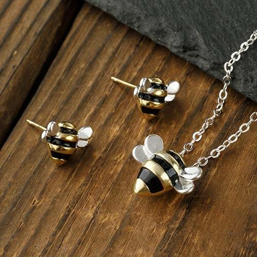 

3Pcs Cute Bee Pendant Necklace And Stud Earrings Set, Silver, 481763