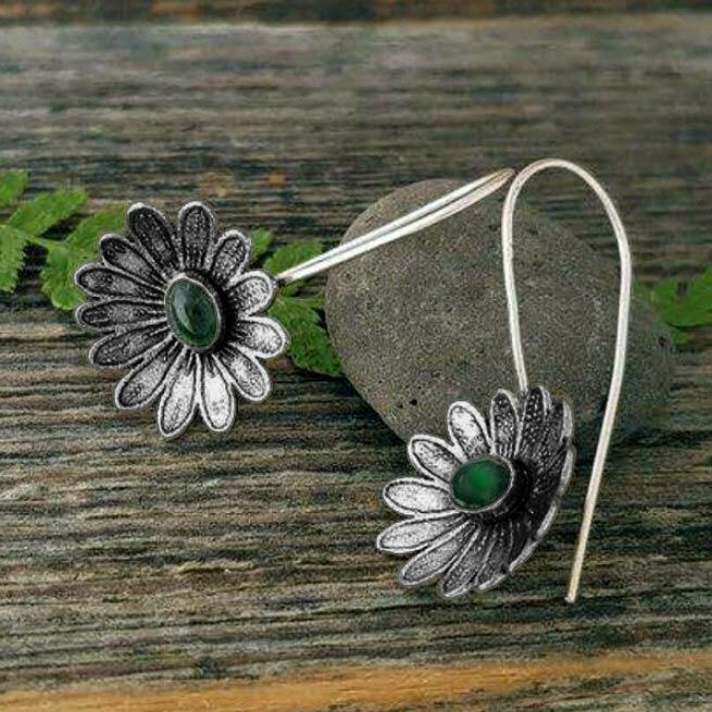 

Vintage Creative Flower Emerald Alloy Earrings, Silver, 481766