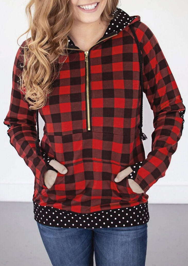 

Plaid Polka Dot Splicing Zipper Kangaroo Pocket Hoodie, Red, 481998