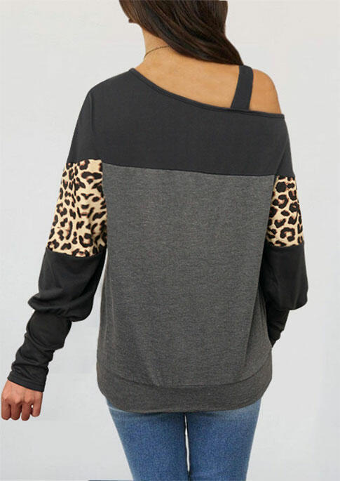 Blouses Leopard Splicing Cold Shoulder Blouse in Gray. Size: L