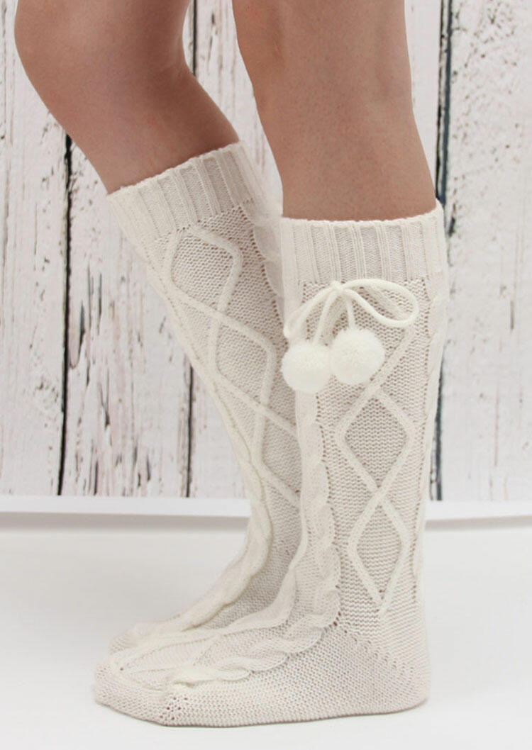 

Knee-High Socks Winter Warm Thickened Knitting Hairball Socks in Black. Size