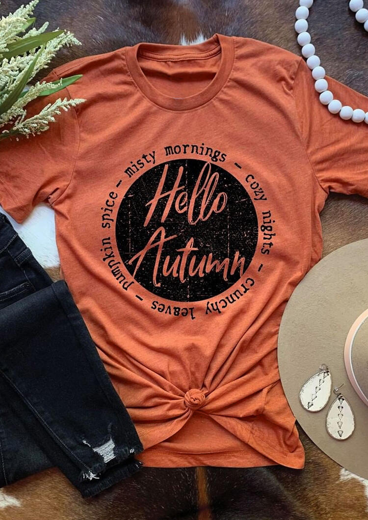 Thanksgiving Hello Autumu Pumpkin Graphic T-Shirt Tee - Orange